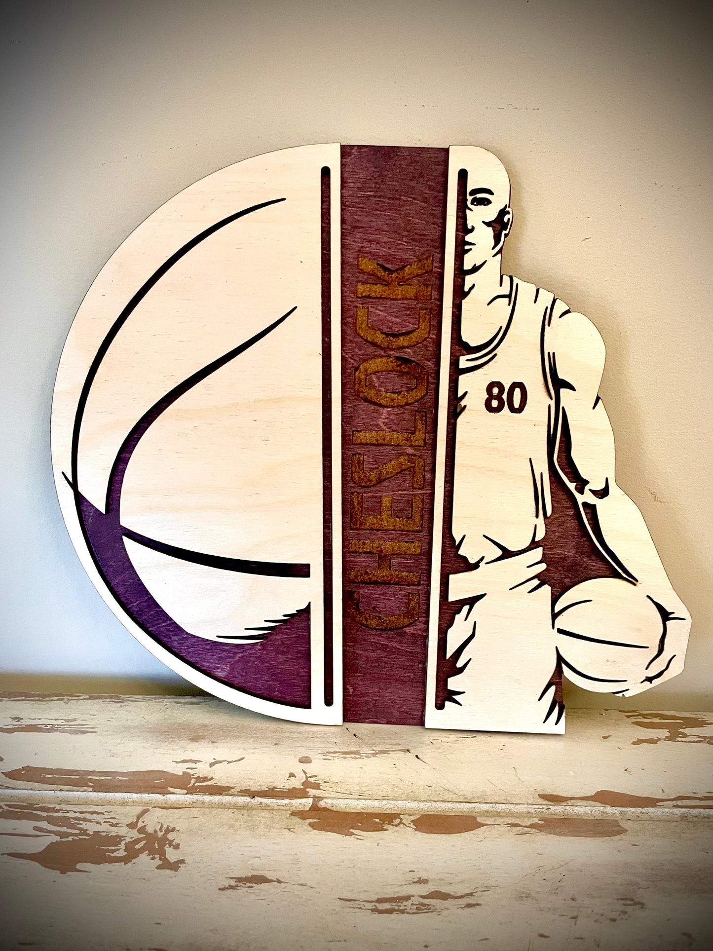 Custom Basketball Wood Plaque | Player Name & Number Engraved | Split Design