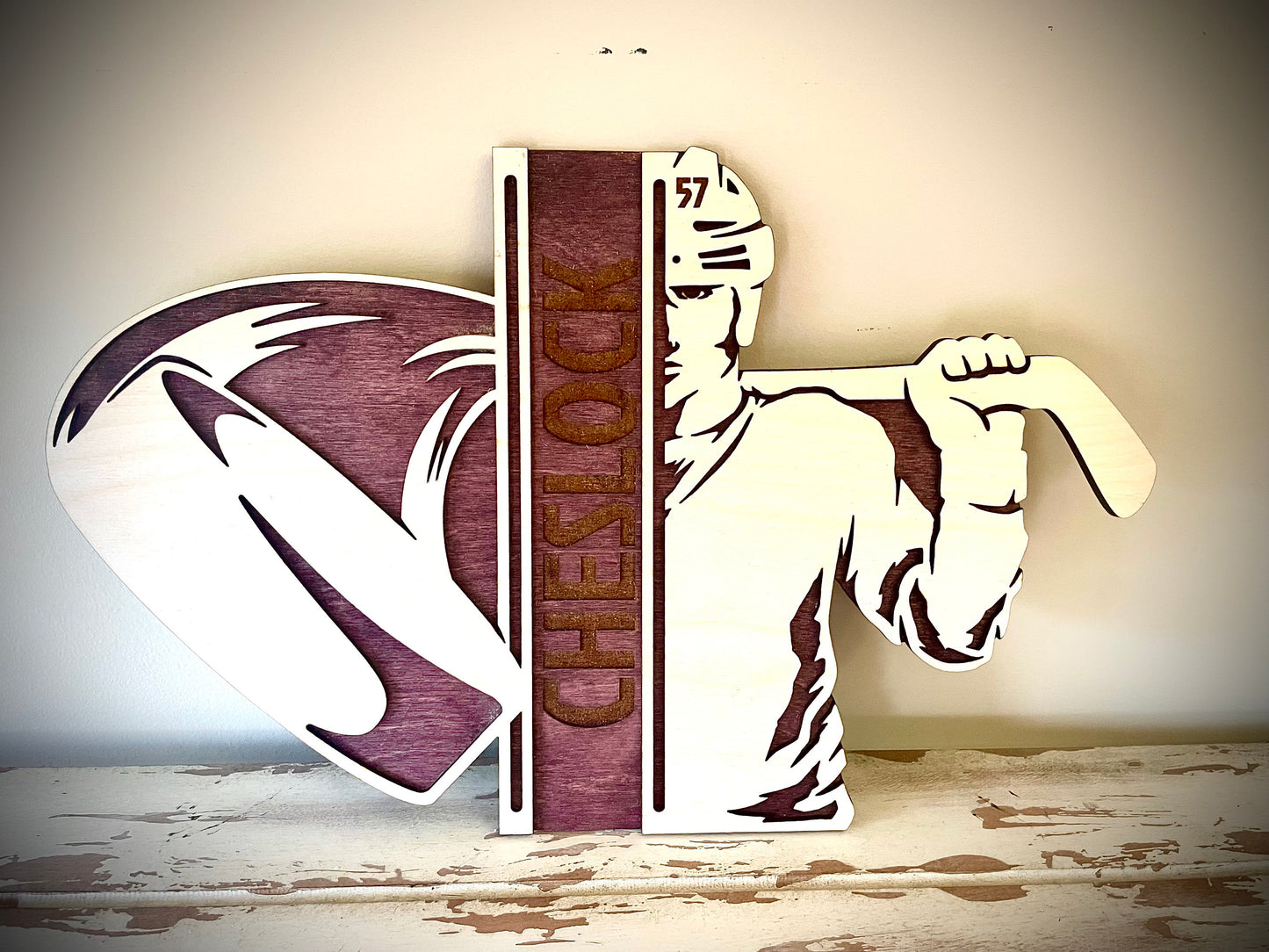 Custom Hockey Wood Plaque | Player Name & Number Engraved | Split Design