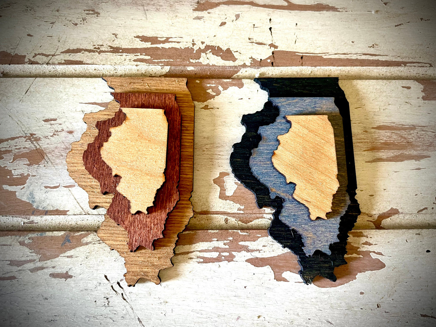 Illinois 3-Layer Stacked Wood Refrigerator Magnet | Brown & Gray Tones | State Pride Gift