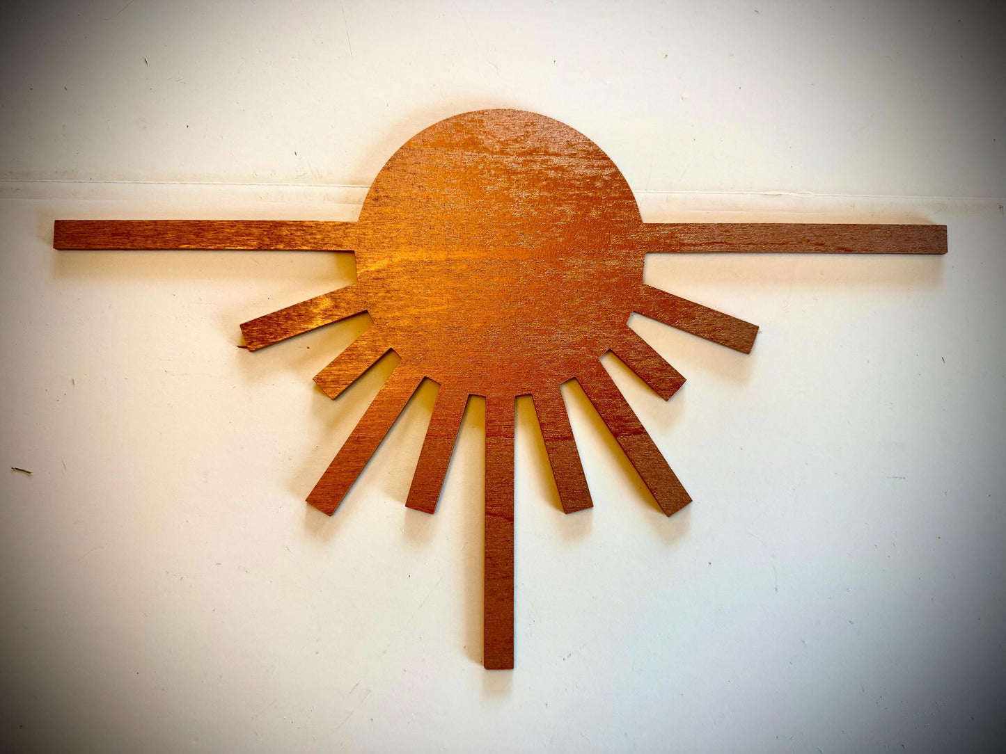 Boho modern Art Deco abstract and sunburst element wood wall art, 3 panel set,in multiple sizes and finishes.