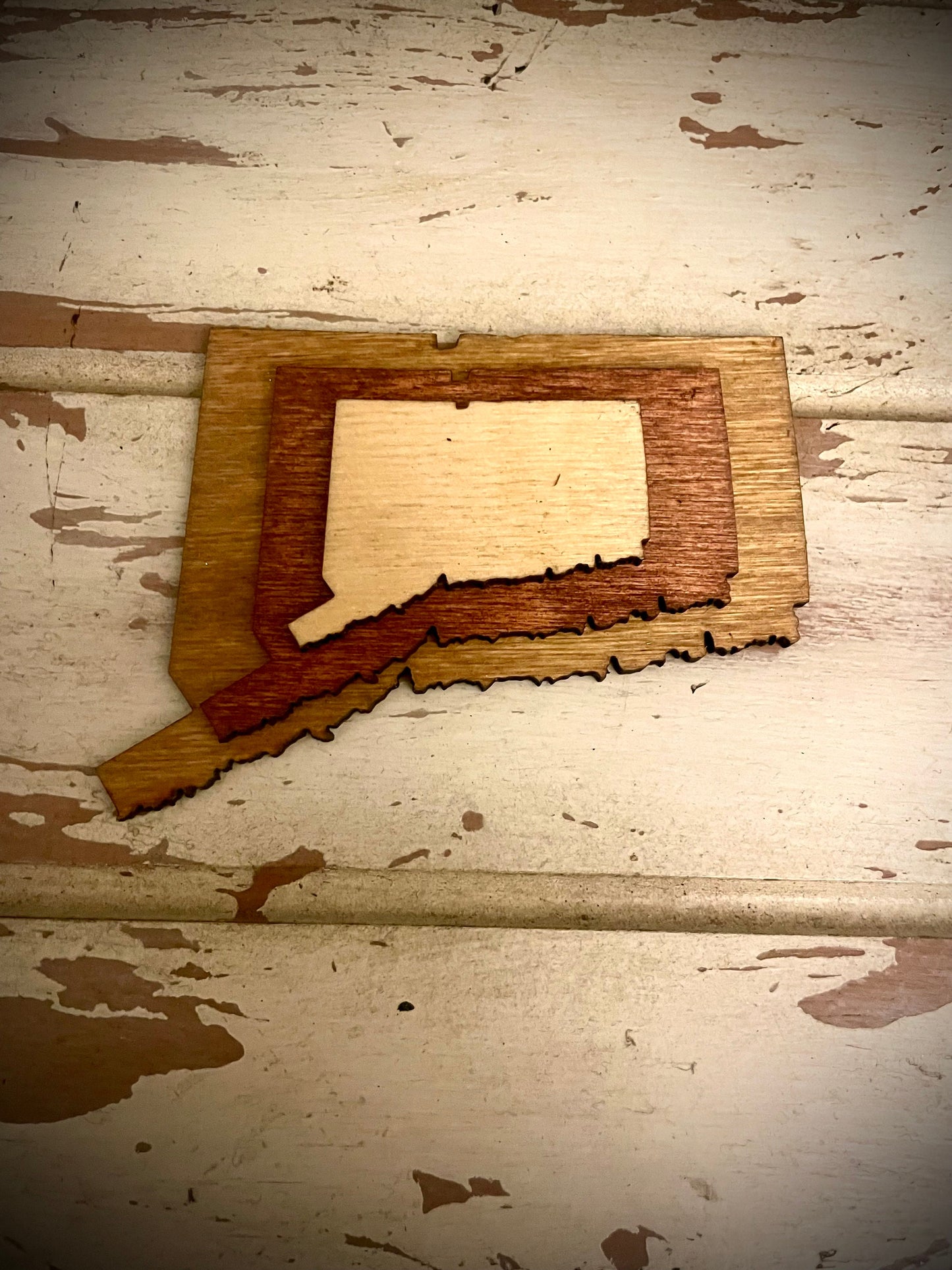 Connecticut 3-Layer Stacked Wood Refrigerator Magnet | Brown & Gray Tones | State Pride Gift