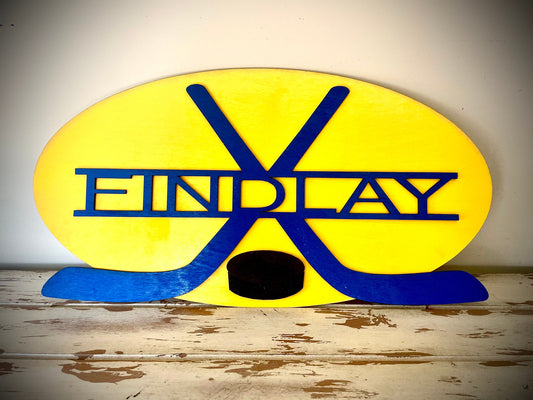 Personalized Hockey Stick & Puck Wood Sign | Team Colors, Name & Number