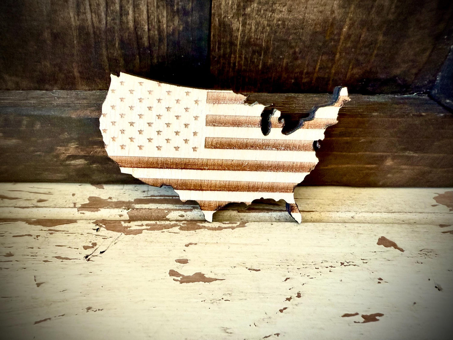 US Flag in USA Map Outline Wood Refrigerator Magnet | Laser Engraved & Cut | Patriotic Gift