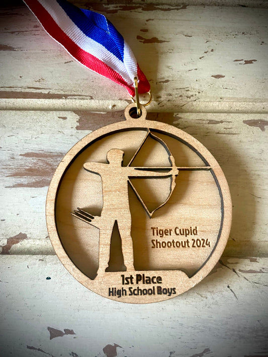 Male & Female Archery Competition Wood Medals | Red, White & Blue Ribbon | Custom Engraving