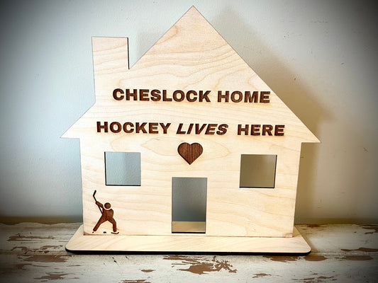 Custom Engraved Wood "Hockey Lives Here" Sign | Personalized Tabletop Decor