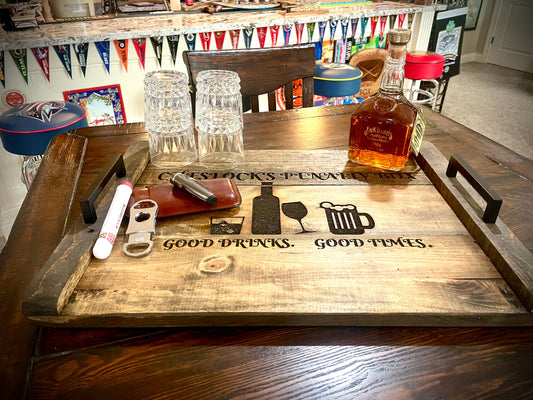 Custom Rustic Distressed Shiplap Whiskey, Bourbon & Bar Tray | Raised Edges, Handles & Optional Engraving