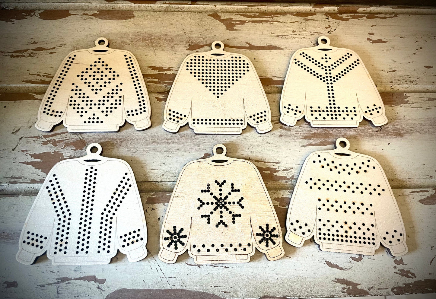 Cross Stitch Ugly Christmas Sweater Wood Ornament Blank | Flower Pattern | Assorted Quantities | Craft Supply