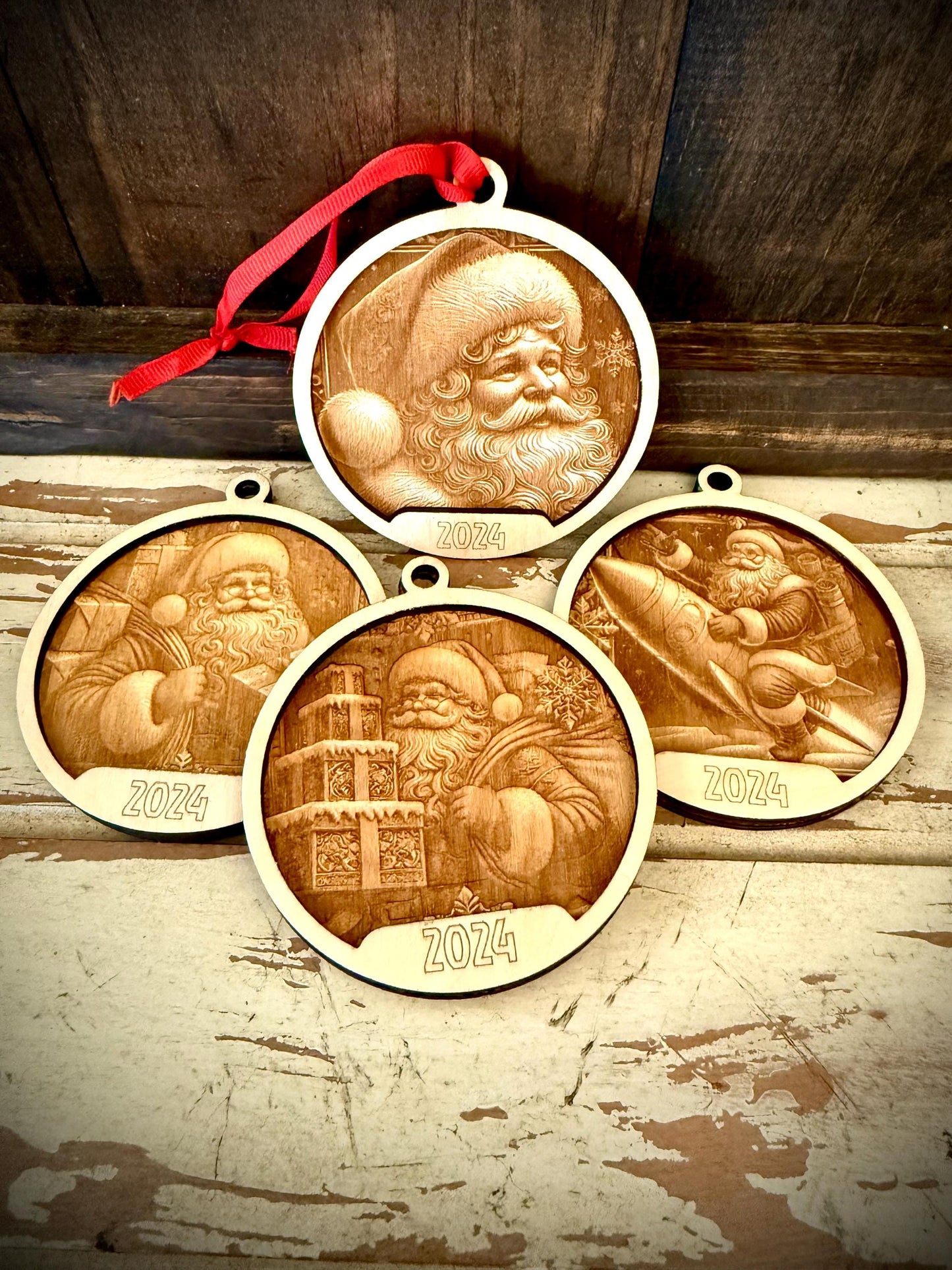 Old Fashioned Santa Claus 3D Relief with Gift Personalized 2-Layer Wood Christmas Ornament & Gift Tag