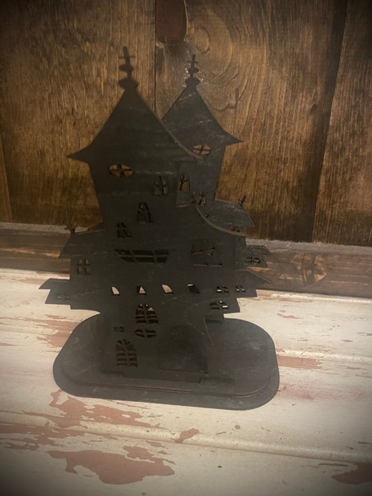 Halloween Haunted House Wood Napkin Holder & Tabletop Decor | 12 Finishes