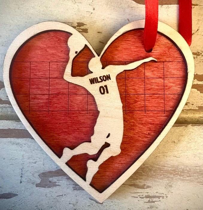 Personalized Male Volleyball Player Valentine Heart Ornament | Engraved Name & Number