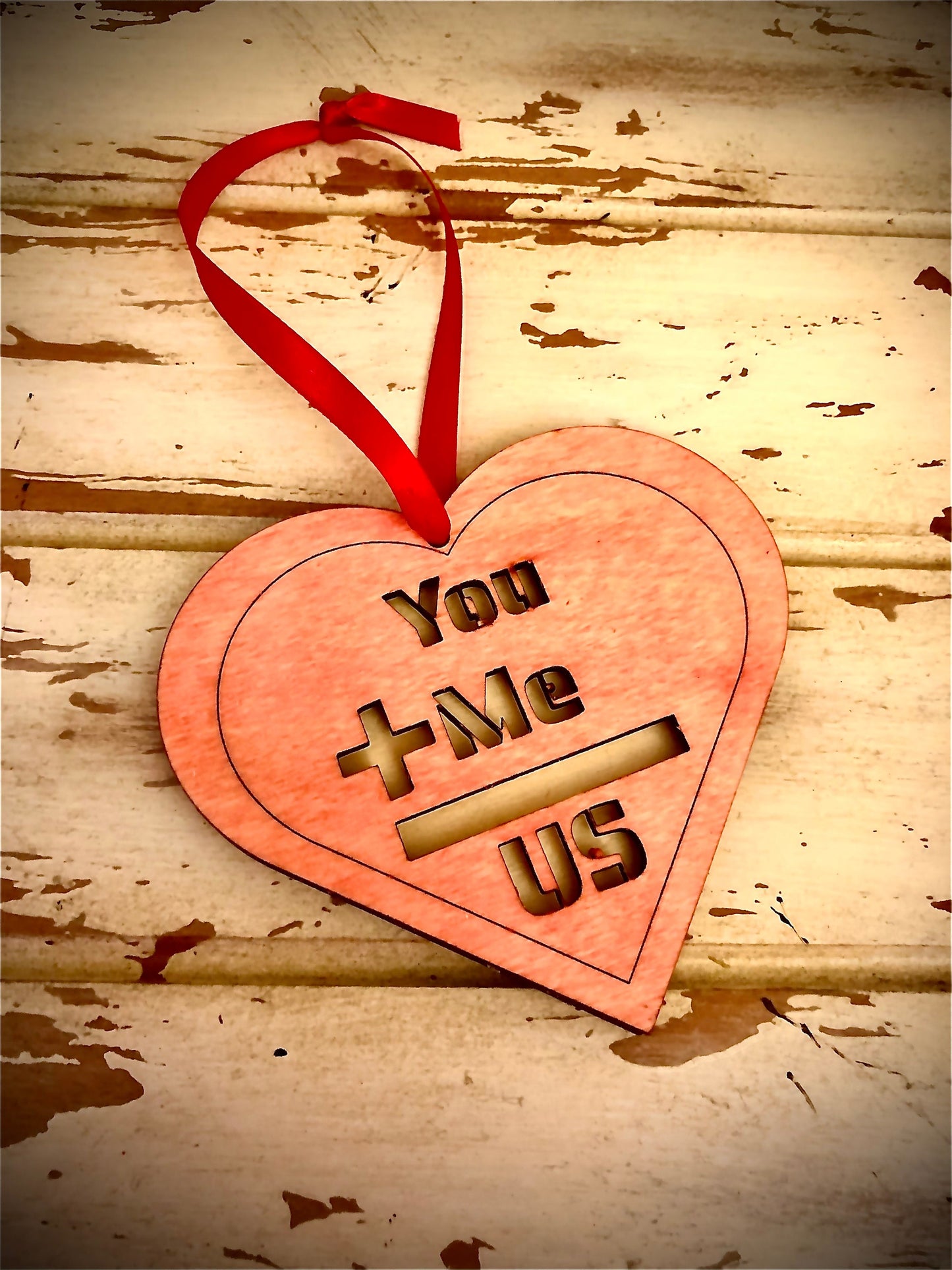 Layered Heart Wood Valentine Ornament | "You + Me = Us" | Valentine's Day Gift