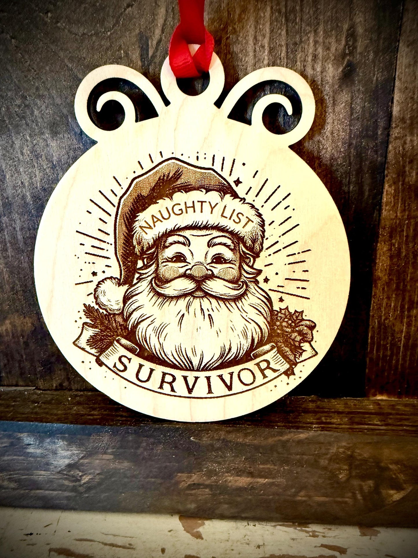 Santa Claus Naughty List Survivor Funny Wood Ornament & Gift Tag | Holiday Humor Gift