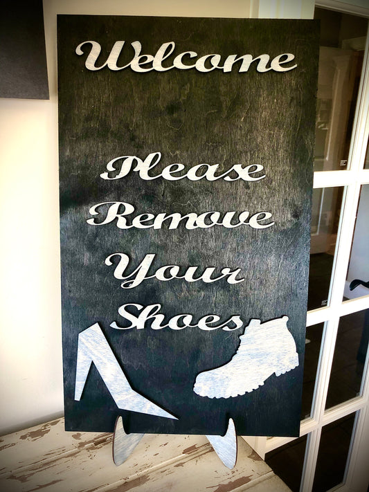 Please Remove Your Shoes Wood Sign | 20-Inch Rectangle with Easel | Realtor & Open House Sign