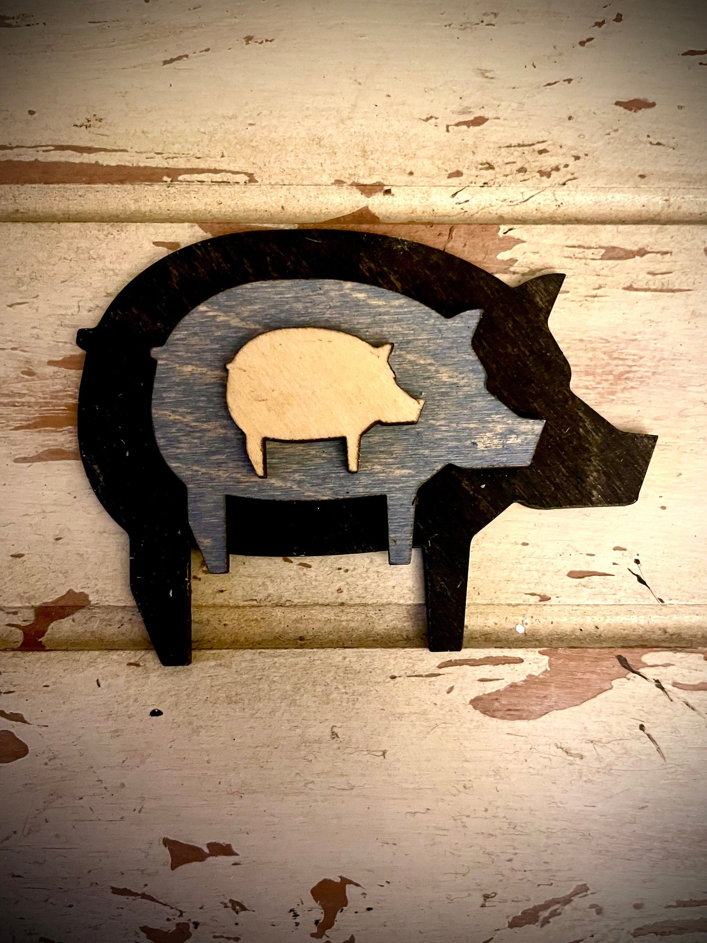 Stacked Pig 3-Layer Wood Refrigerator Magnet | Brown & Gray Tones | Home Decor Gift