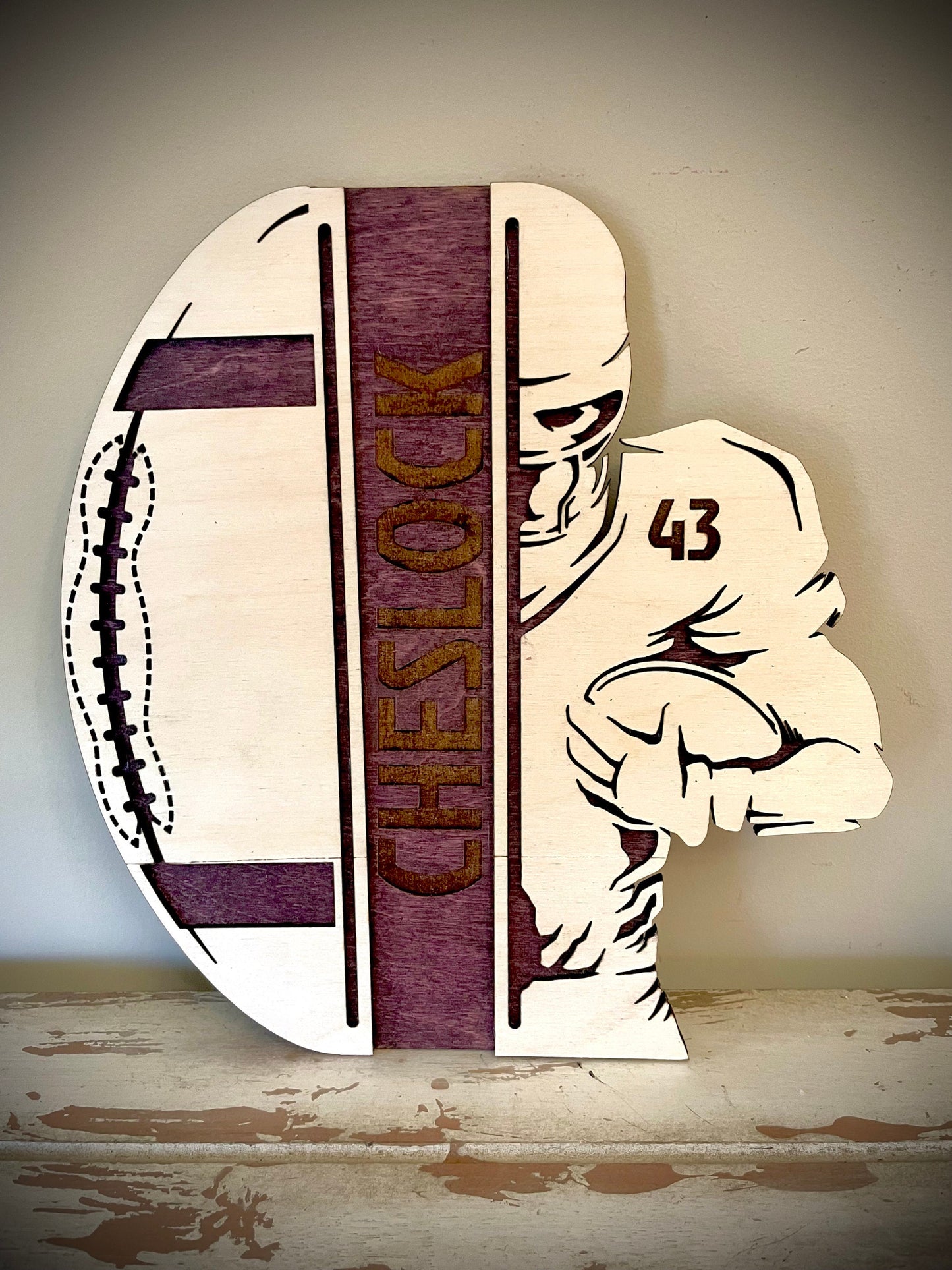 Custom Football Wood Plaque | Player Name & Number Engraved | Split Design