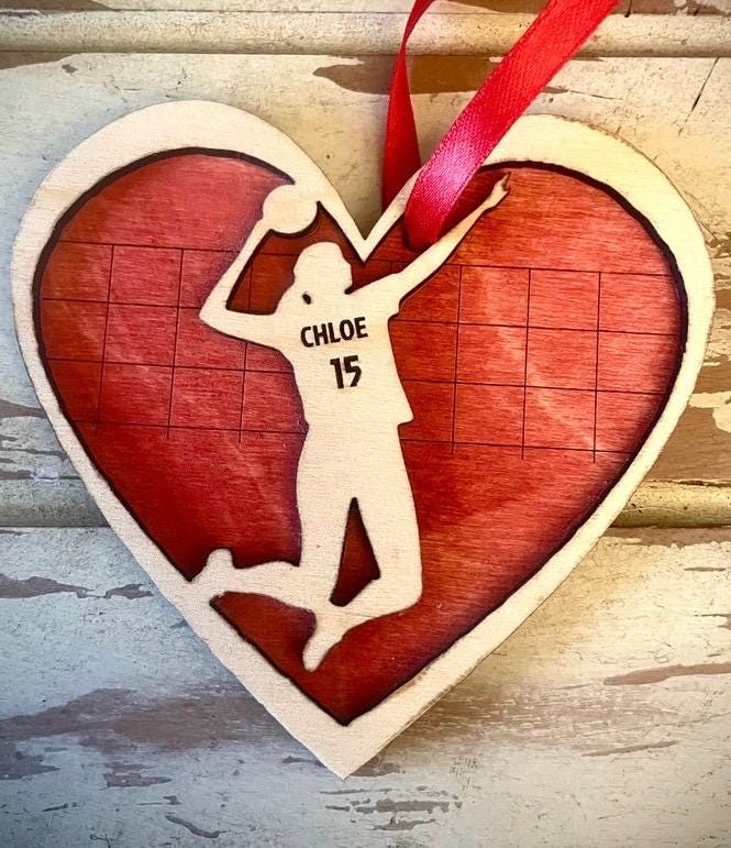 Personalized Female Volleyball Player Valentine Heart Ornament | Engraved Name & Number