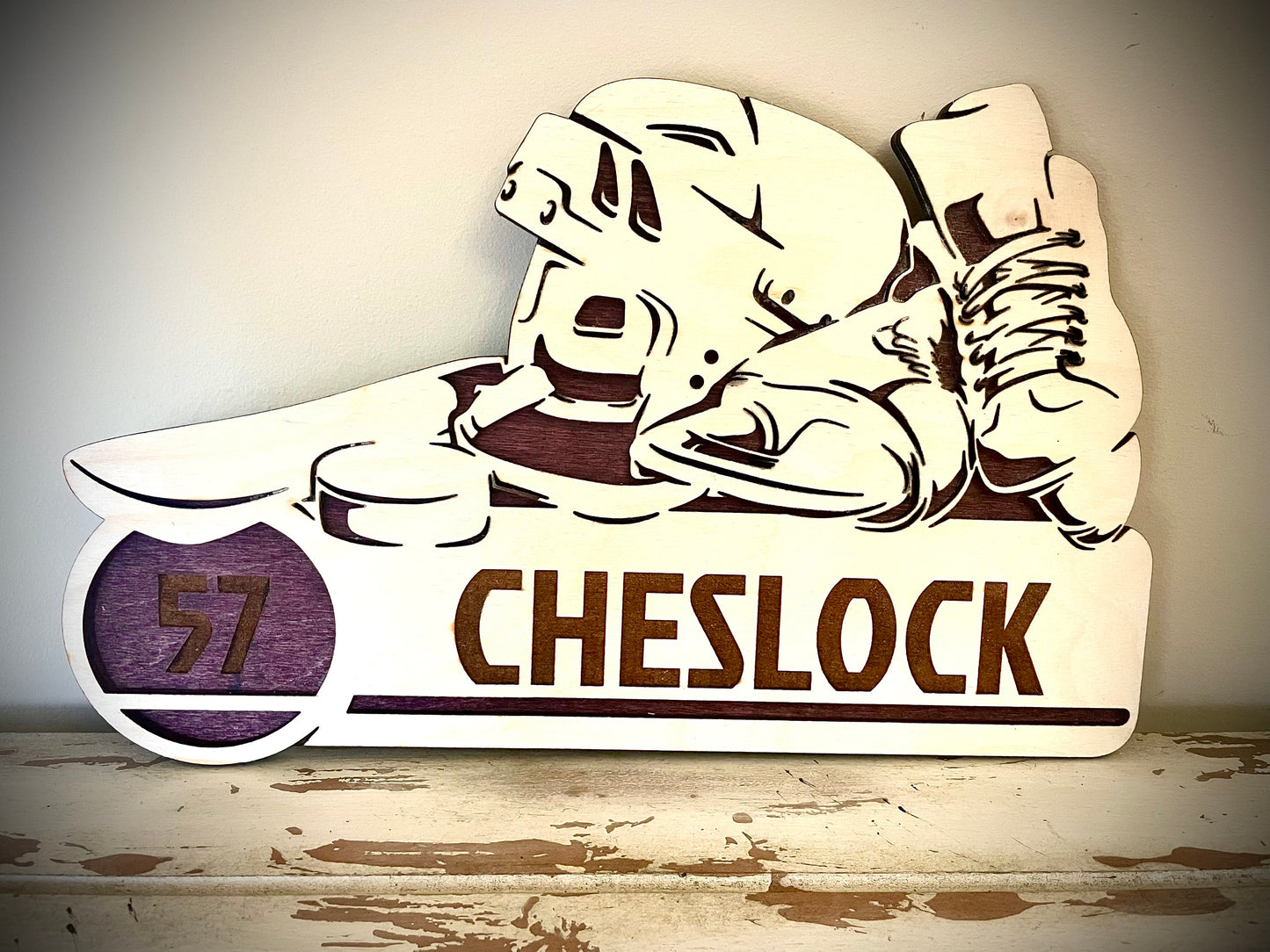 Custom Hockey Wood Plaque | Player Name & Number Engraved | Skate & Helmet Design