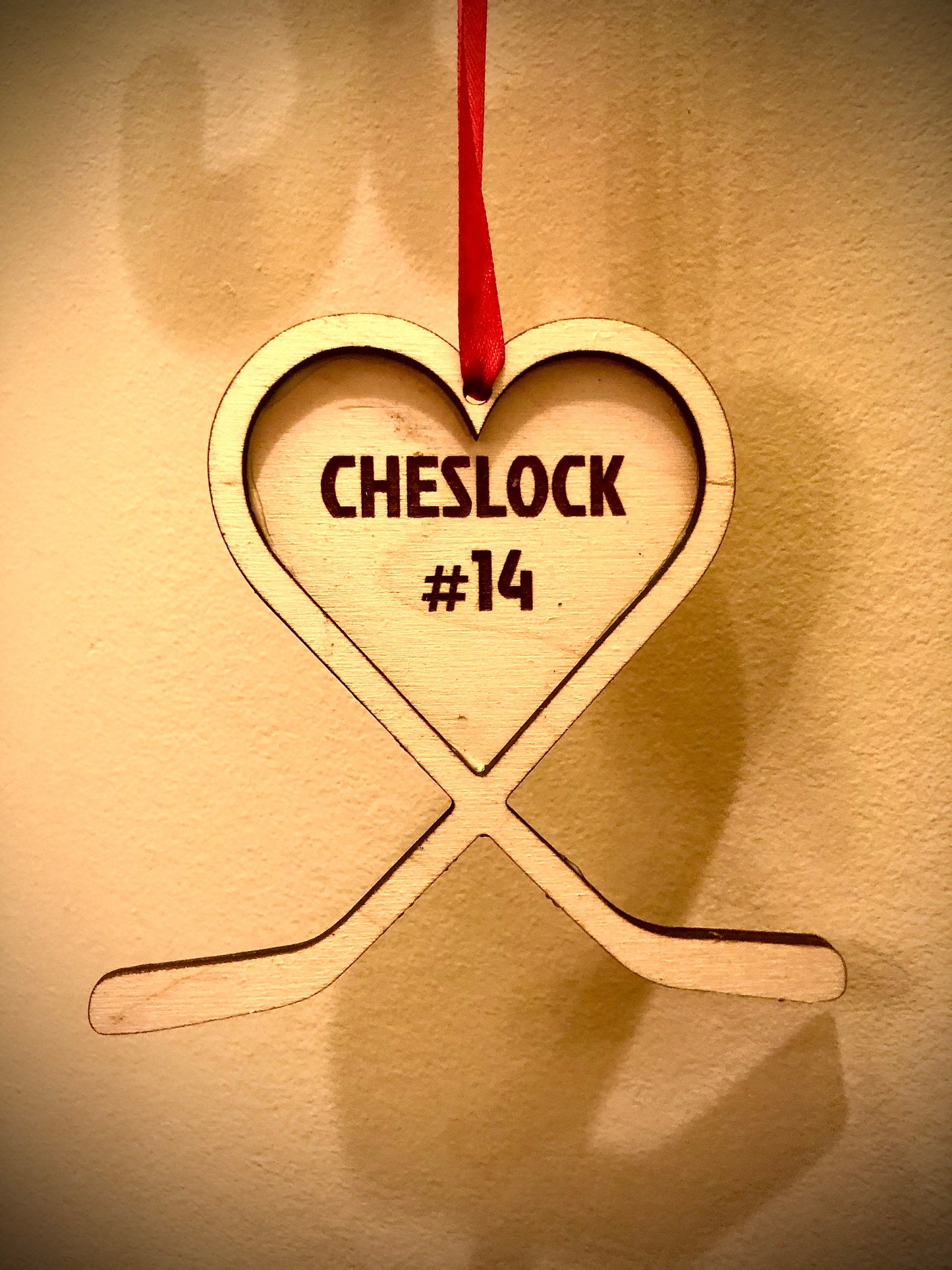 Personalized Hockey Stick Heart Wood Ornament | Engraved | Valentine's Gift