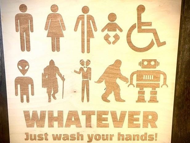 "Whatever, Just Wash Your Hands" Funny Bathroom Wood Sign | Multiple Gender Icons