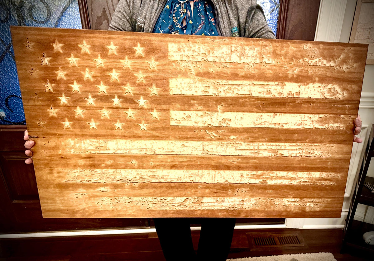 Giant Tattered Distressed American Flag Laser Engraved Wood Wall Art | 1/4" or 1/2" Wood
