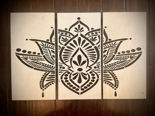 Lotus Flower Mandala Wood Wall Art | 3-Panel Set | Ombré, Tri-Color & 12 Other Finishes | Multiple Sizes