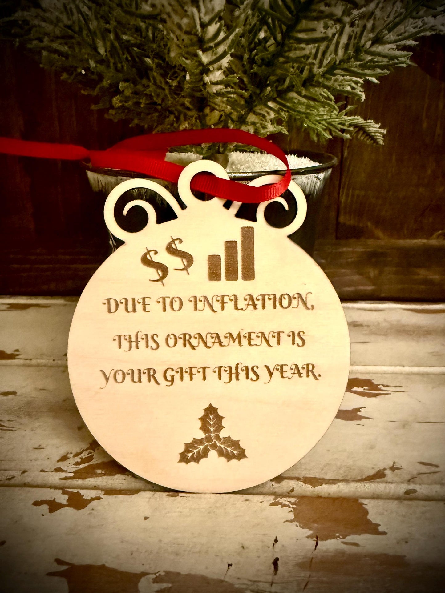 Funny Inflation Wood Christmas Ornament & Gift Tag | Gag Gift