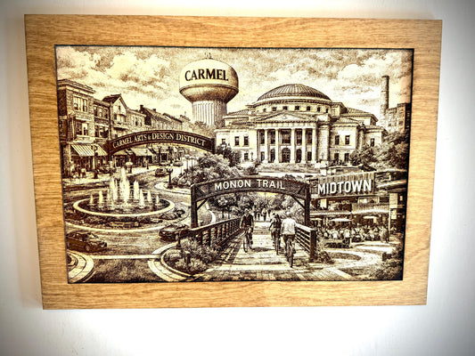 Carmel Indiana montage framed engraving with optional easel