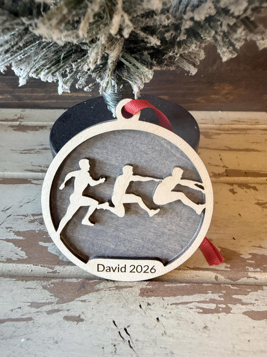 Track & Field Long Jump Personalized 2-Layer Wood Christmas Ornament & Gift Tag | Multiple Finishes | Track Gift