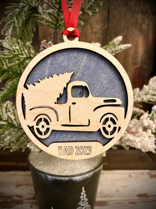Classic antique truck with Christmas tree personalized wood Christmas ornament
