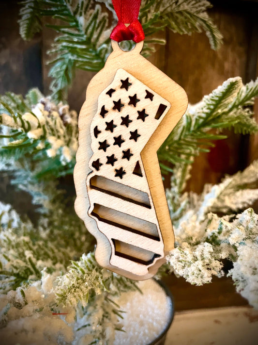 California US Flag Wood Ornament & Gift Tag | 12 Finishes | Patriotic Gift