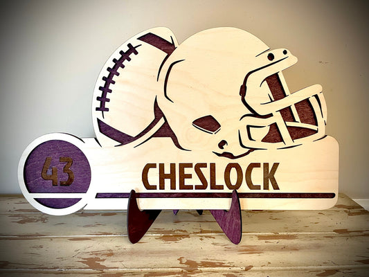 Custom Football Wood Plaque | Player Name & Number Engraved | Helmet & Football Design