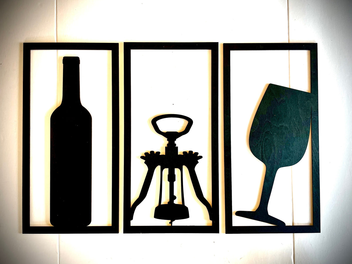 Wine Bottle, Opener & Glass Wood Wall Art | 3-Panel Set | Multiple Sizes & Finishes | Bar Decor