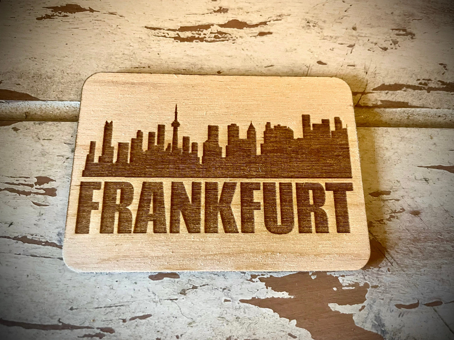 Frankfurt Skyline Wood Magnet | City Souvenir | 3.5" x 2.5"