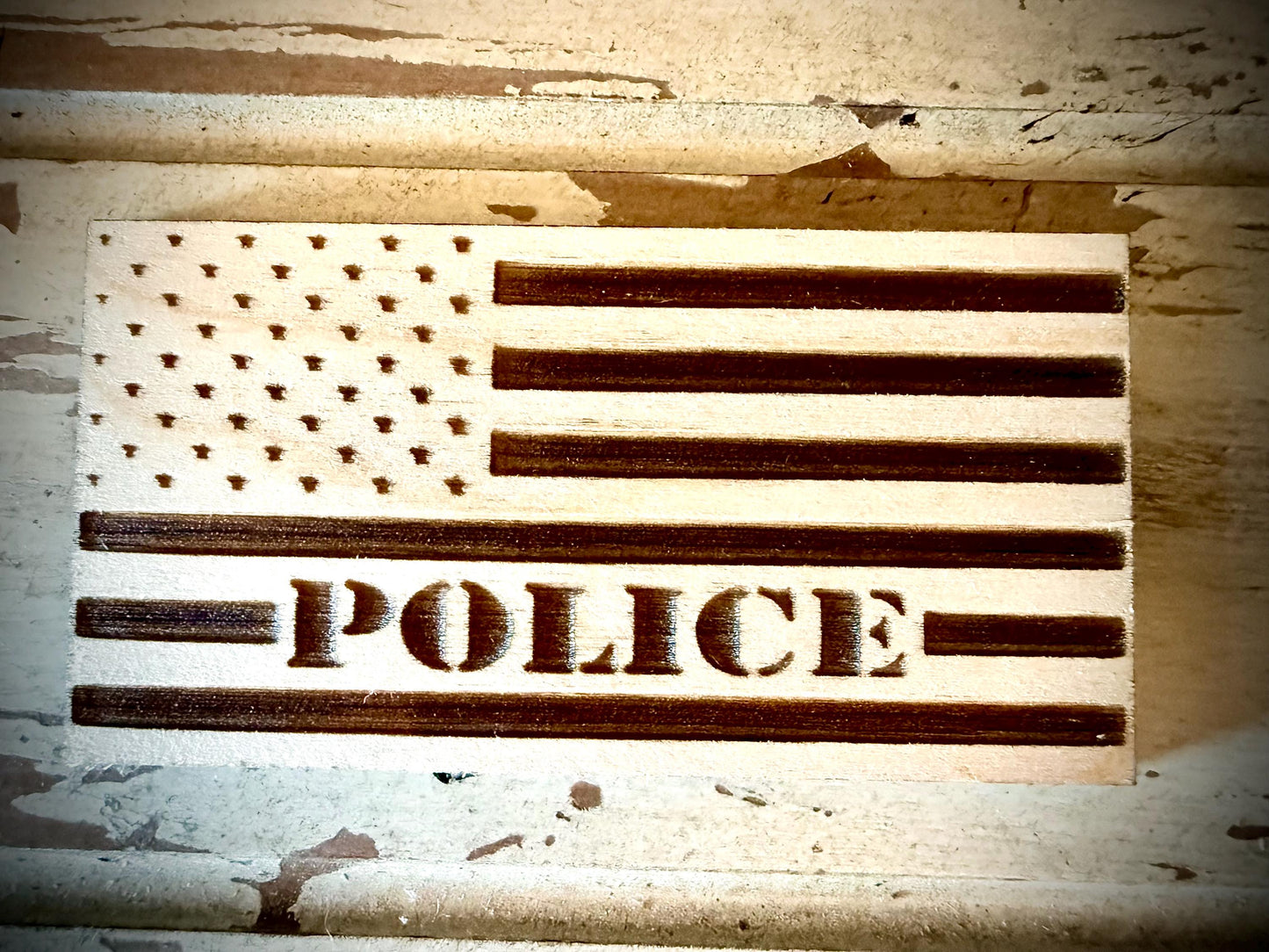 Police Laser Engraved US Flag Wood Refrigerator Magnet | 4" x 2.1" | Law Enforcement Gift