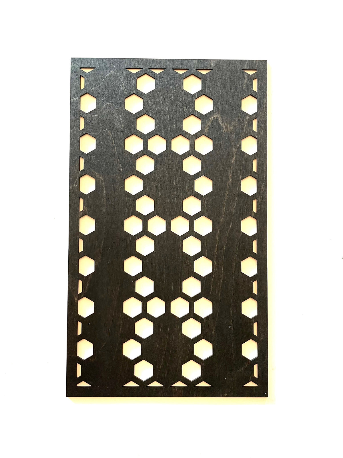 Hexagon Optical Illusion Geometric wood wall art 3-panel set, single panel portrait view in Black finish