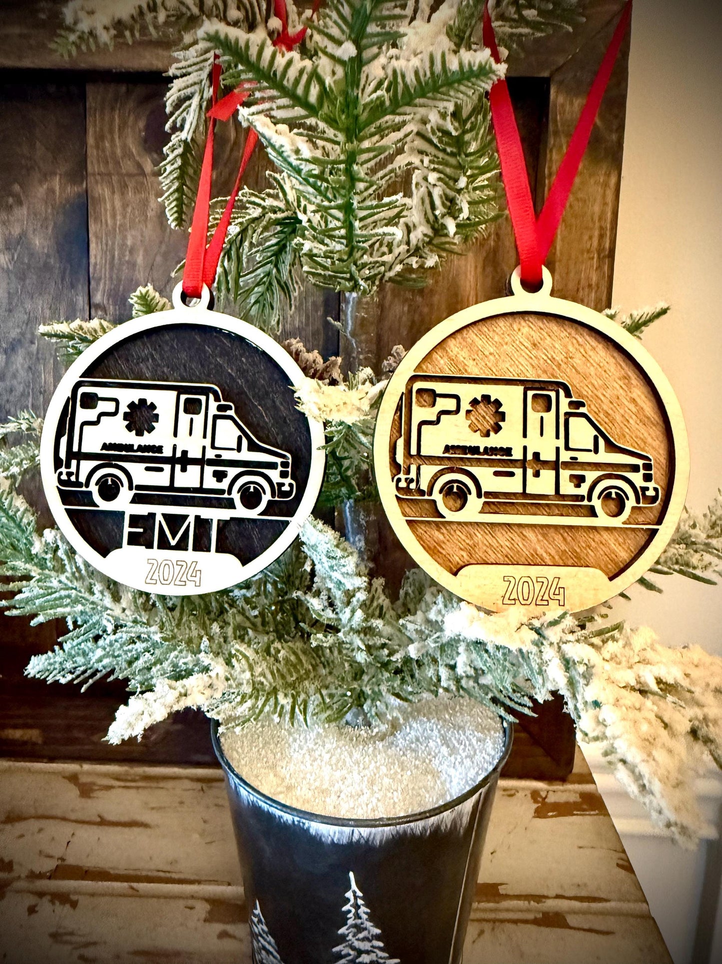 Ambulance EMT Paramedic First Responder Personalized 2-Layer Wood Christmas Ornament & Gift Tag | Multiple Finishes | First Responder Gift