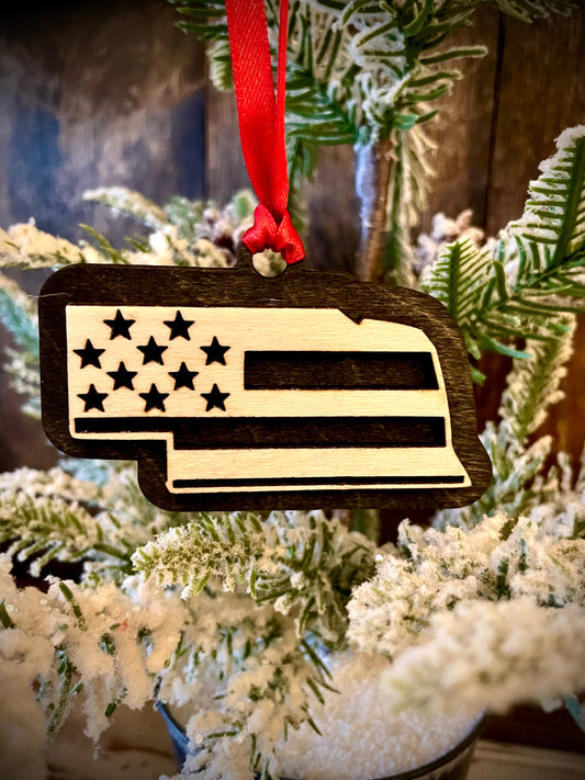 Nebraska US Flag Wood Ornament & Gift Tag | 12 Finishes | Patriotic Gift