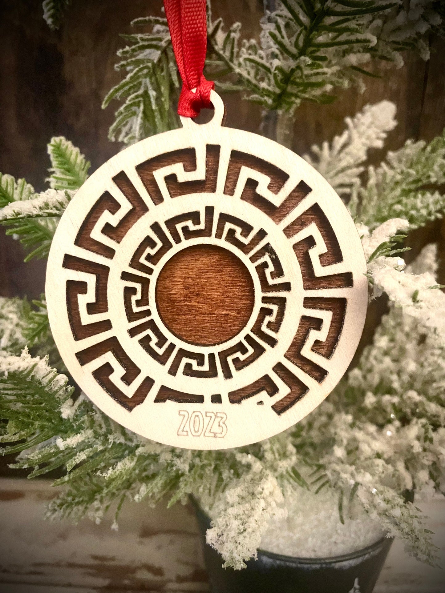 Greek Key Personalized 2-Layer Wood Christmas Ornament & Gift Tag | Multiple Finishes | Unique Gift