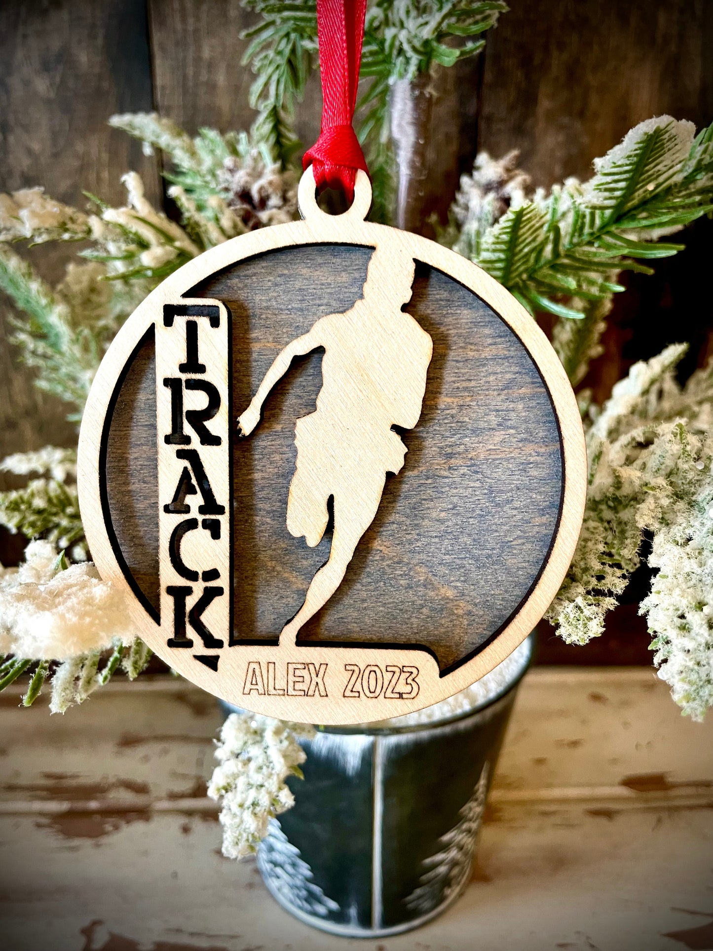 Track Runner Personalized 2-Layer Wood Christmas Ornament & Gift Tag | Multiple Finishes | Track Gift (#7)