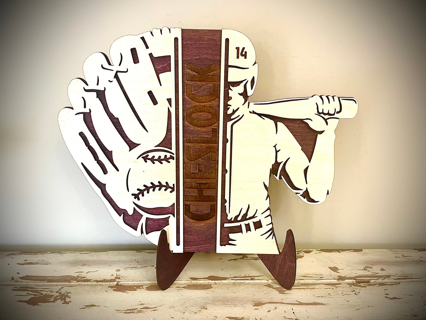 Custom Baseball Glove Wood Plaque | Player Name & Number Engraved | Split Design