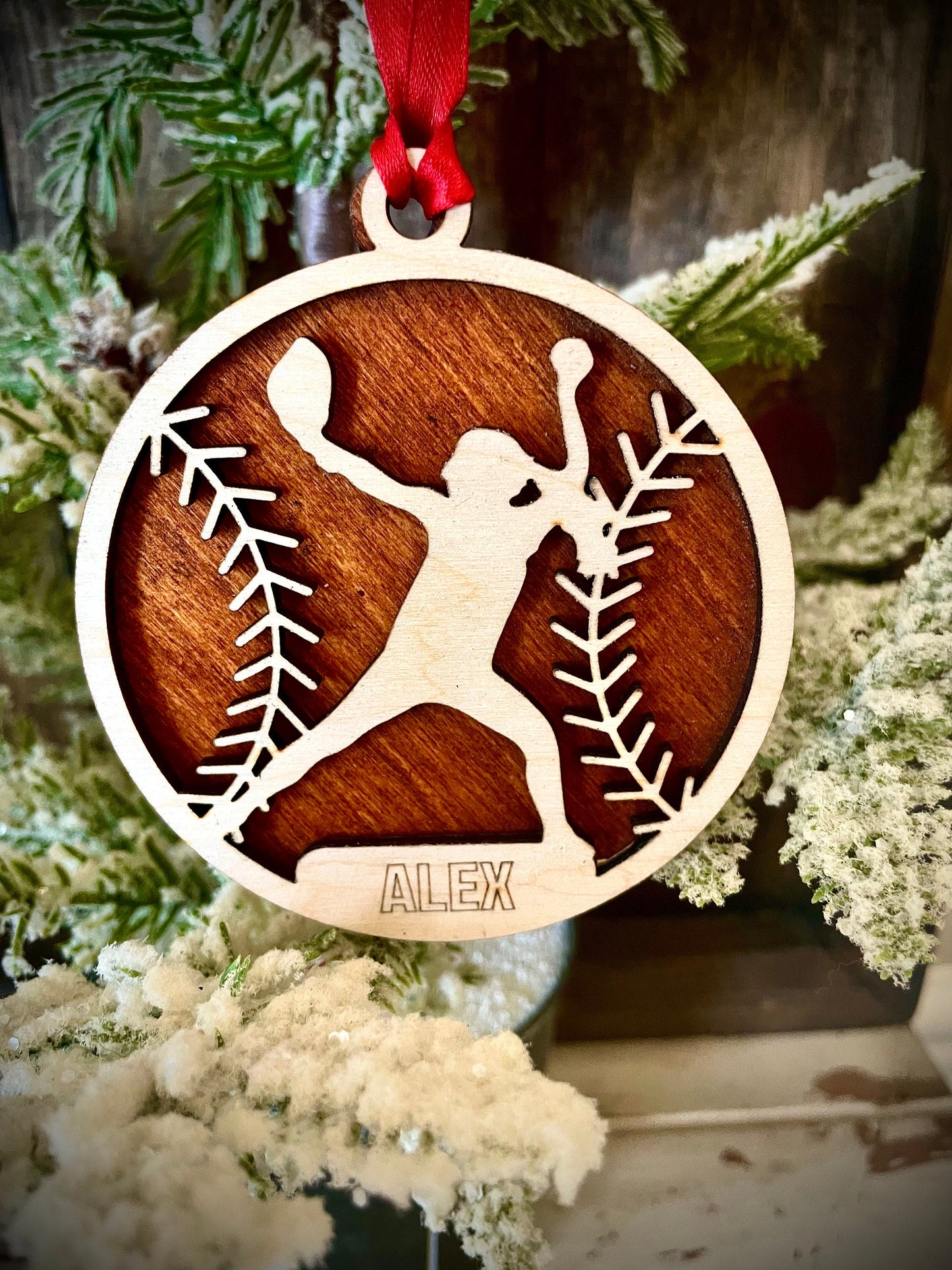 Softball Player Personalized 2-Layer Wood Christmas Ornament & Gift Tag | Multiple Finishes | Softball Gift (#6)