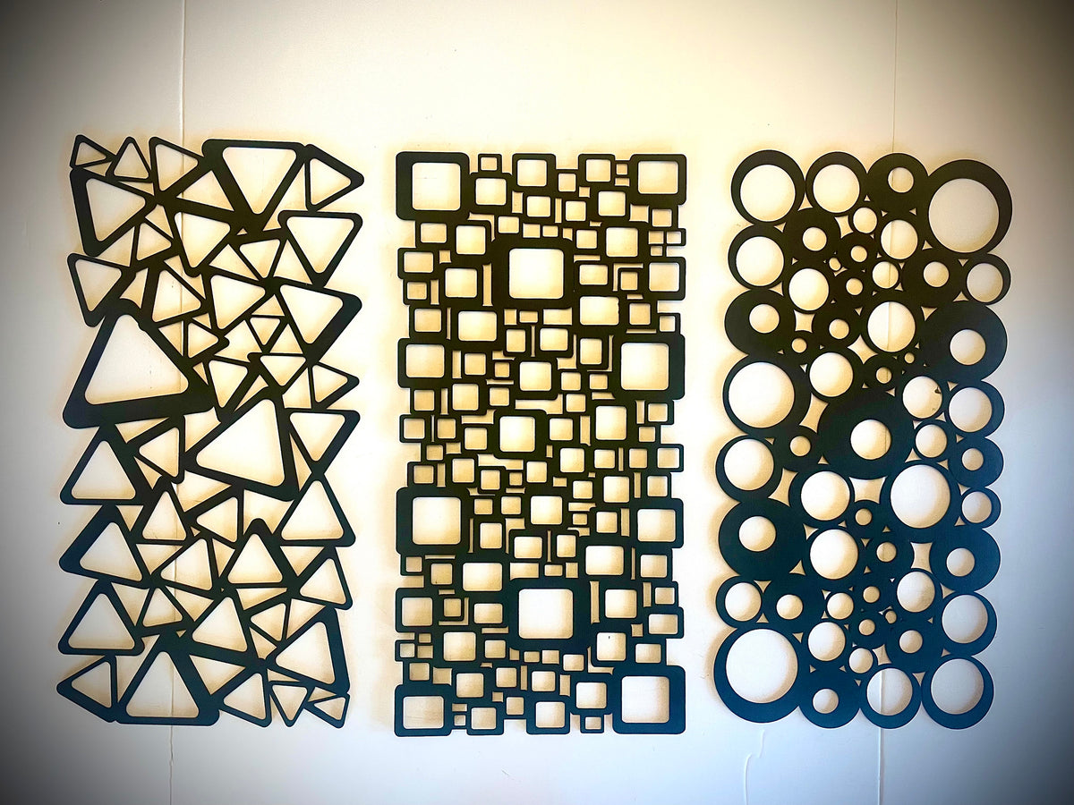 Boho Modern Geometric Shapes Triangles, Squares & Circles wood wall art 3-panel set — front view