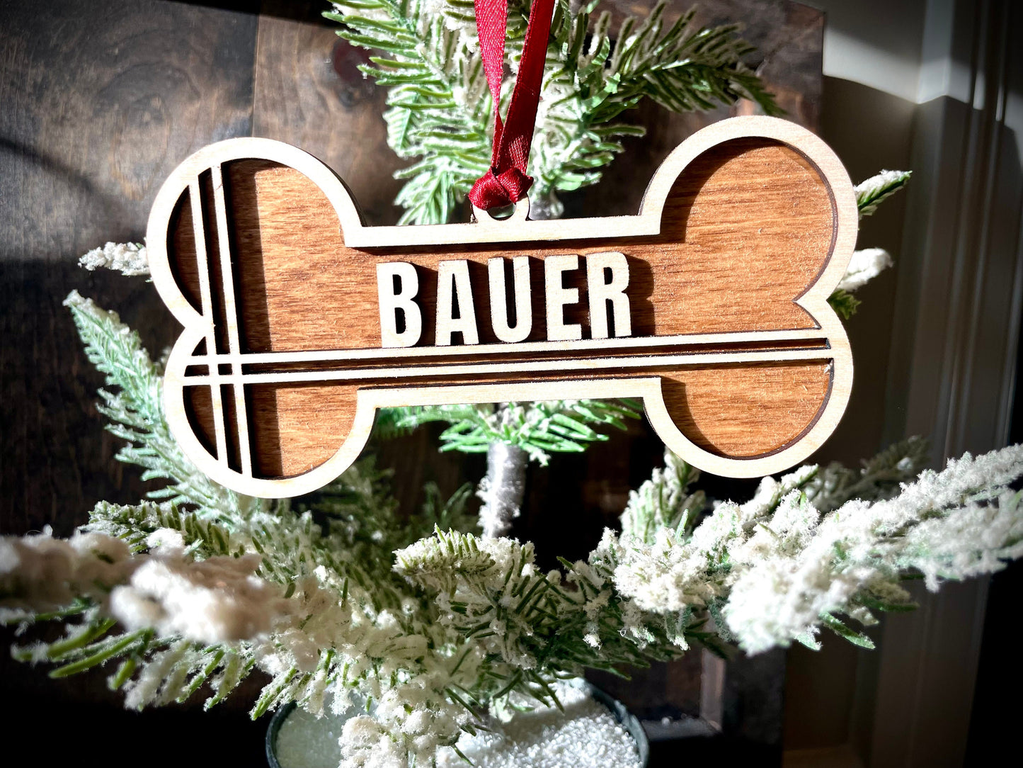 Large 6 Inch Dog Bone Personalized 2-Layer Wood Christmas Ornament & Gift Tag | Multiple Finishes | Dog Lover Gift