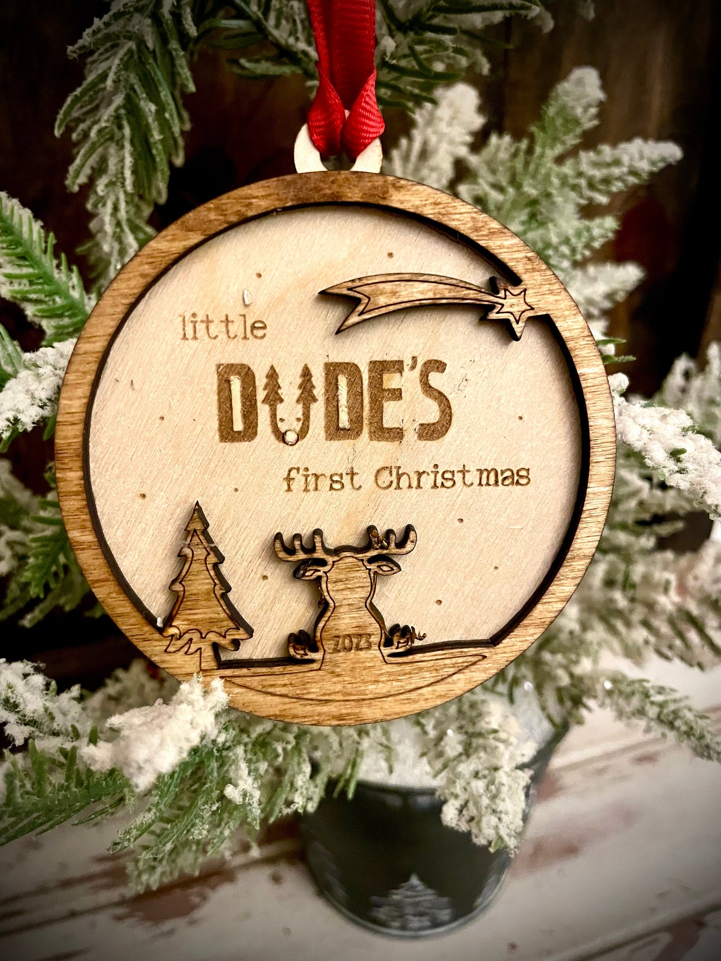 Little Dude's First Christmas Personalized 2-Layer Wood Christmas Ornament & Gift Tag | Multiple Finishes | Baby Gift