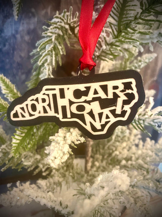North Carolina Word Art Wood Ornament & Gift Tag | 12 Finishes | State Pride Gift