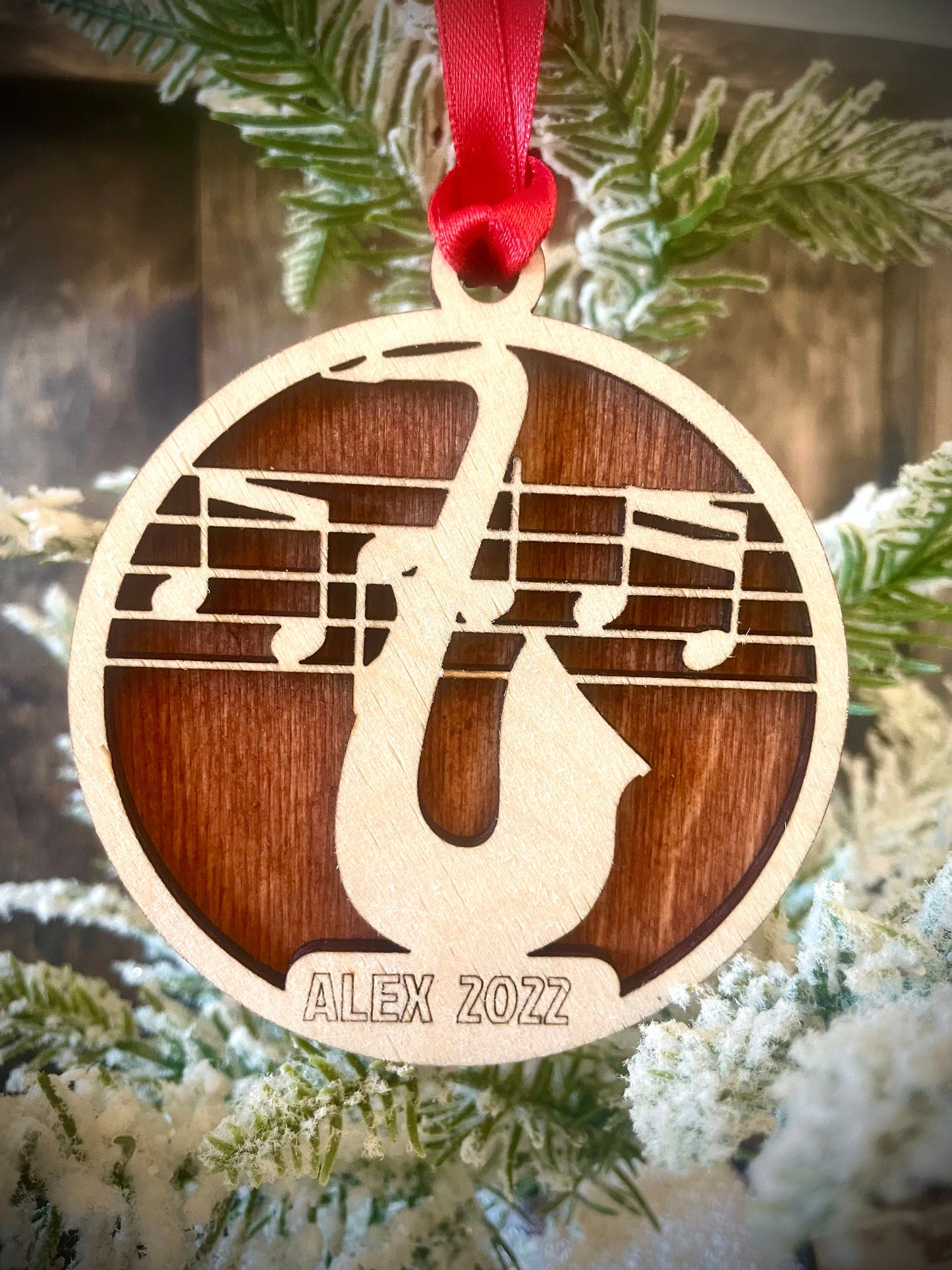 Saxophone Personalized 2-Layer Wood Christmas Ornament & Gift Tag | Multiple Finishes | Music Gift