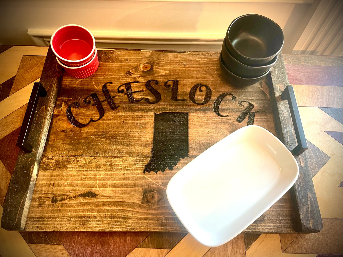 Custom Rustic Distressed Shiplap Serving Tray | Name, Monogram, State or Logo | Raised Edges, Handles & Optional Engraving