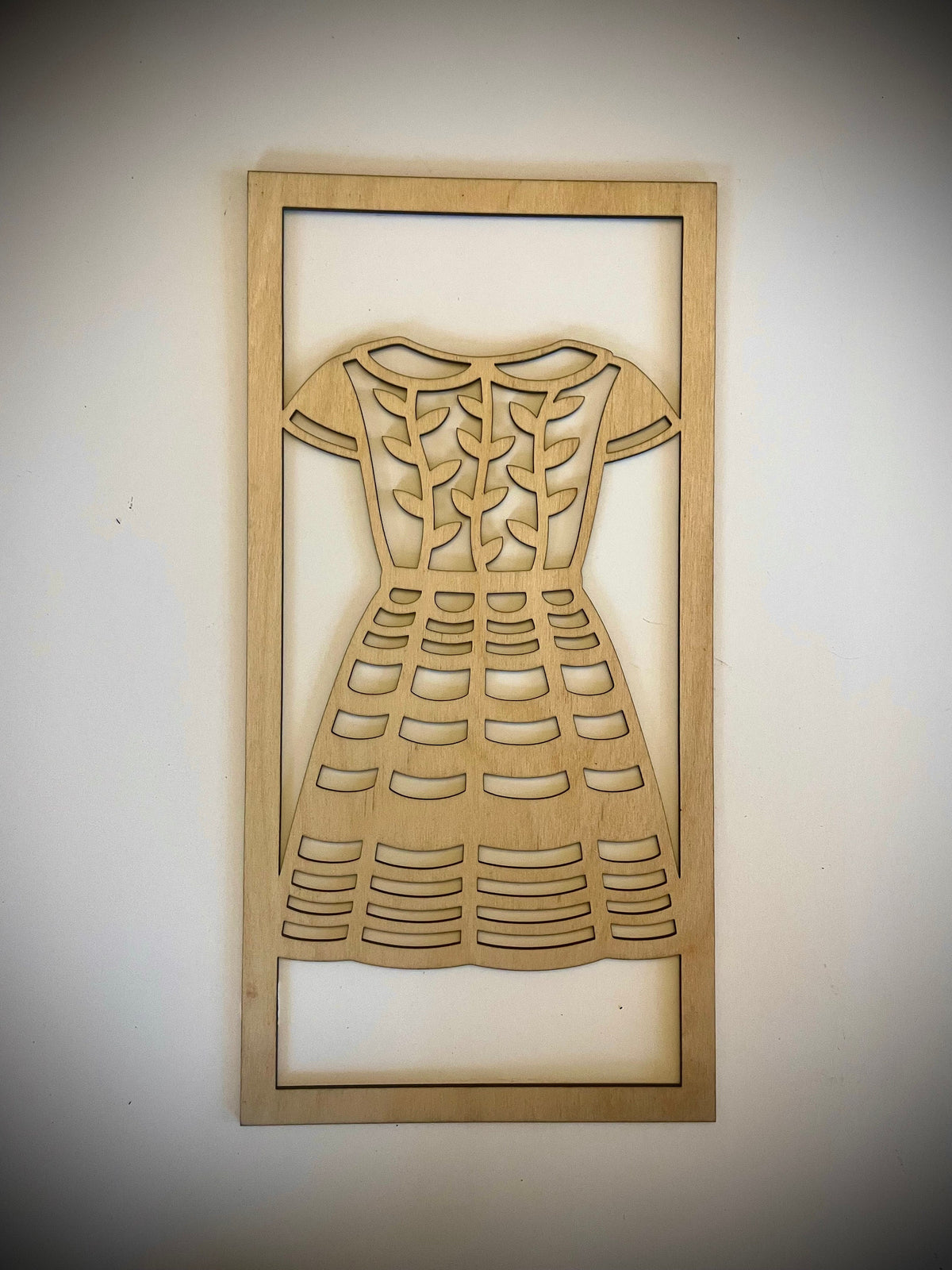 Right panel of the Boho Fashion Sundress Mandala wood wall art, leafy vine bodice, Natural Stain