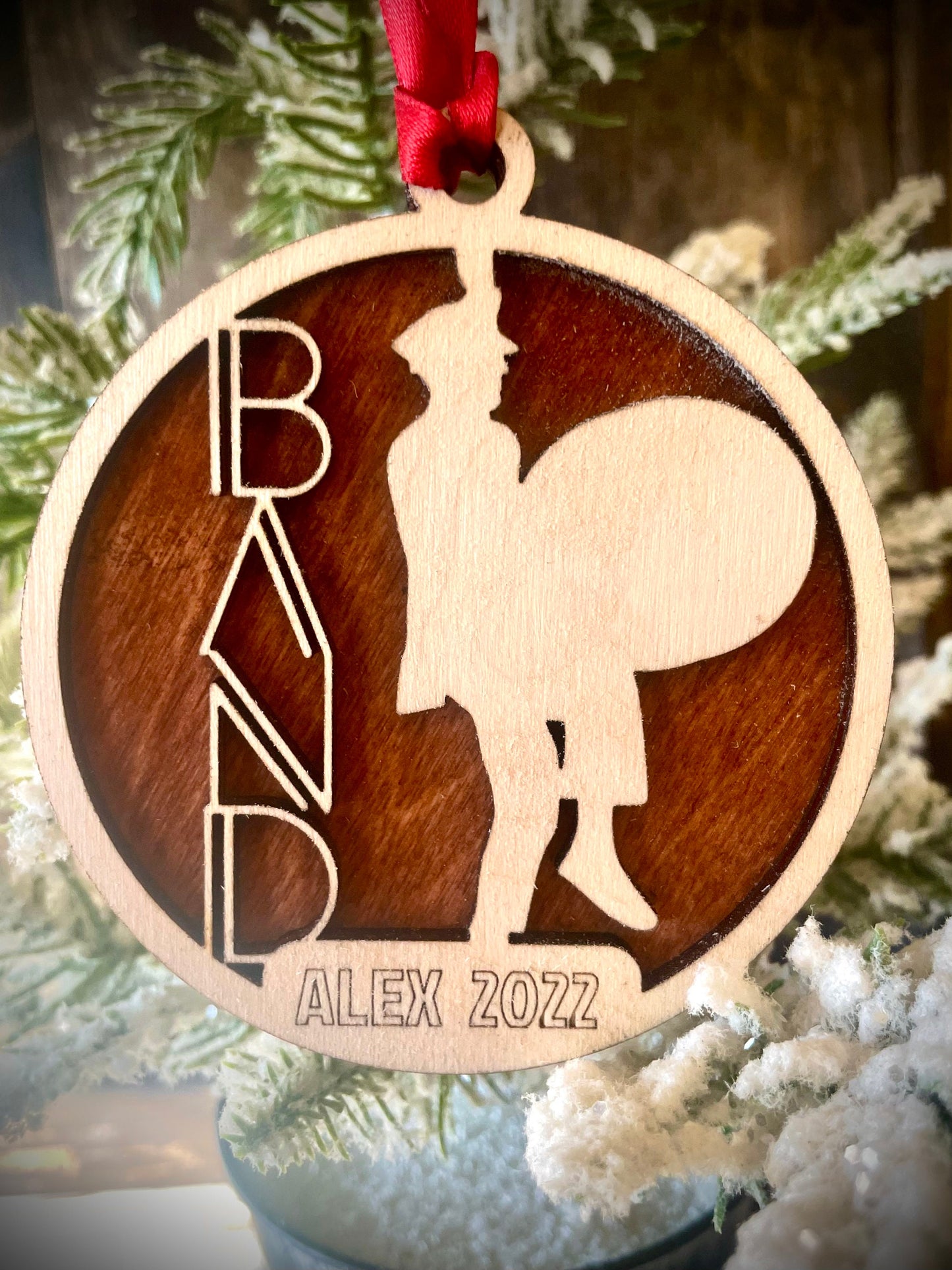 Marching Band Bass Drum Player Personalized 2-Layer Wood Christmas Ornament & Gift Tag | Multiple Finishes | Music Gift (#5)