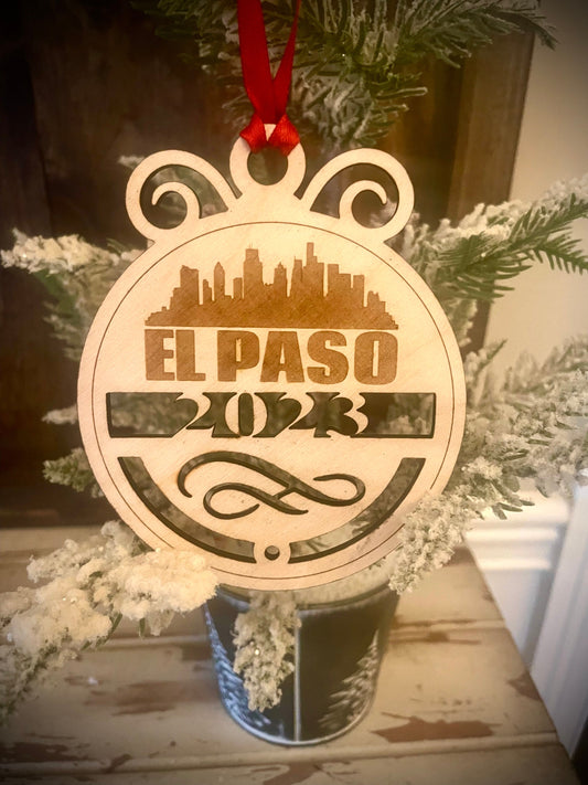 El Paso Skyline Wood Ornament | Choice of Year | 4" x 4.75" | Travel Souvenir Gift